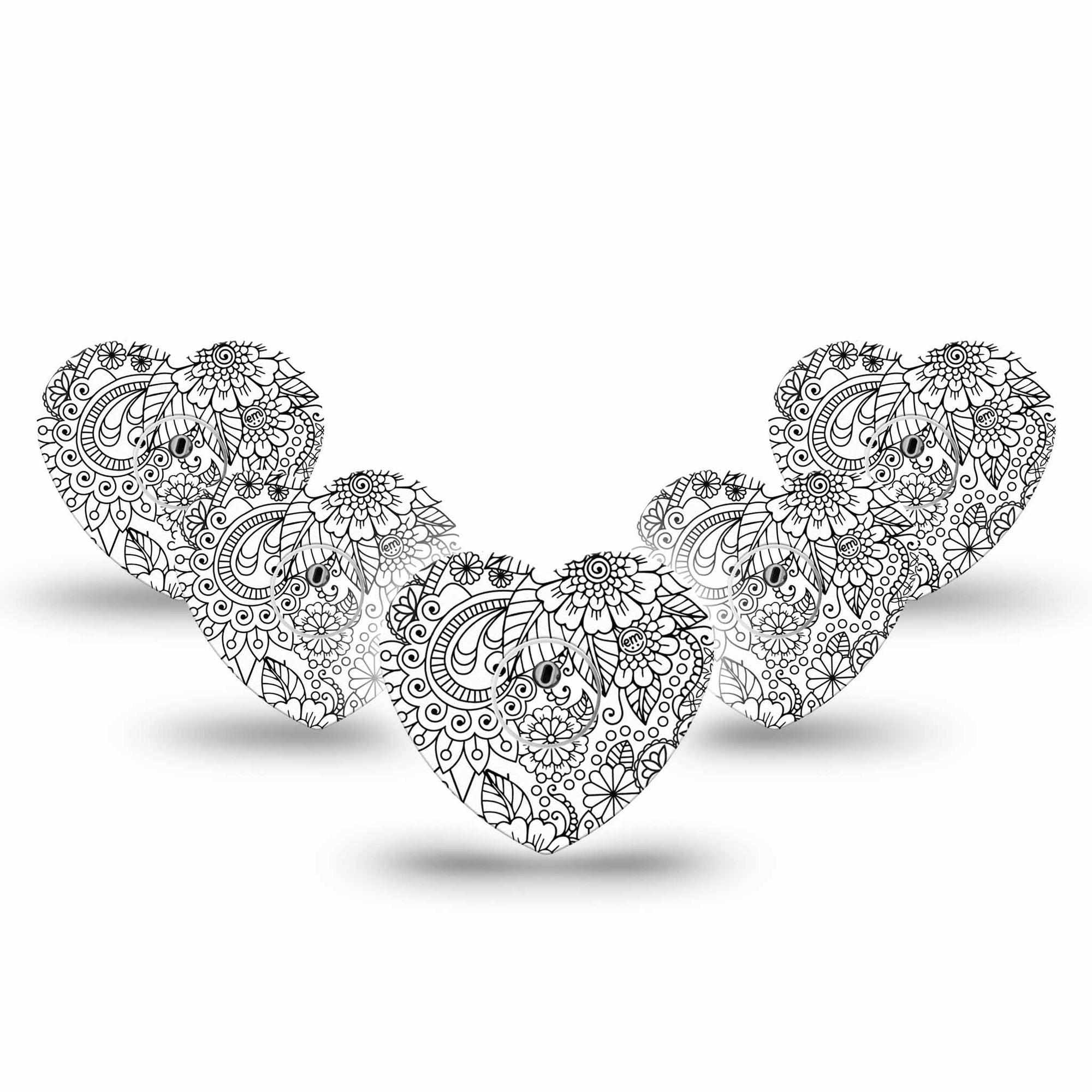 ExpressionMed Color Me Flower Freestyle Libre 3 and Libre 3 Plus Heart Shape Tape 5-Pack Tape and 5-Pack Sticker Monochrome Flowers Overlay Tape CGM Design