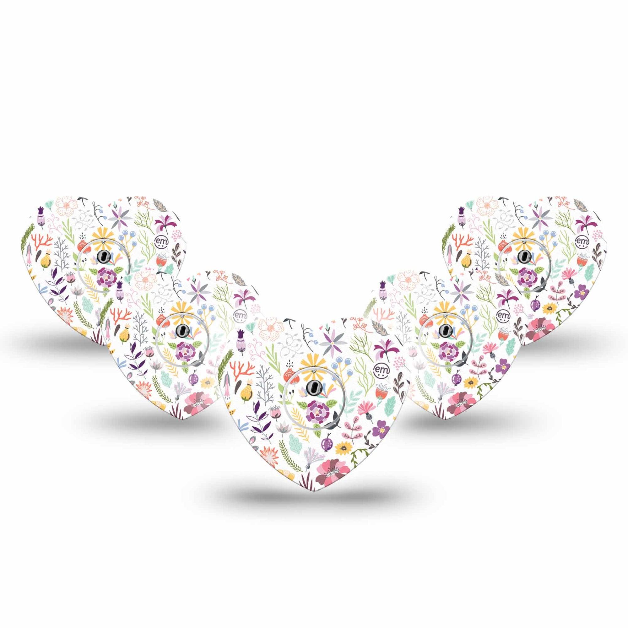 ExpressionMed Springy Stems Freestyle Libre 3 and Libre 3 Plus Heart Shape Tape 5-Pack Tape and 5-Pack Sticker Vibrant Blooms, Plaster CGM Design