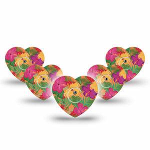 ExpressionMed Bright Hibiscus Freestyle Libre 3 and Libre 3 Plus Heart Shape Tape 5-Pack Tape and 5-Pack Sticker Exotic Blossom Overlay Tape CGM Design