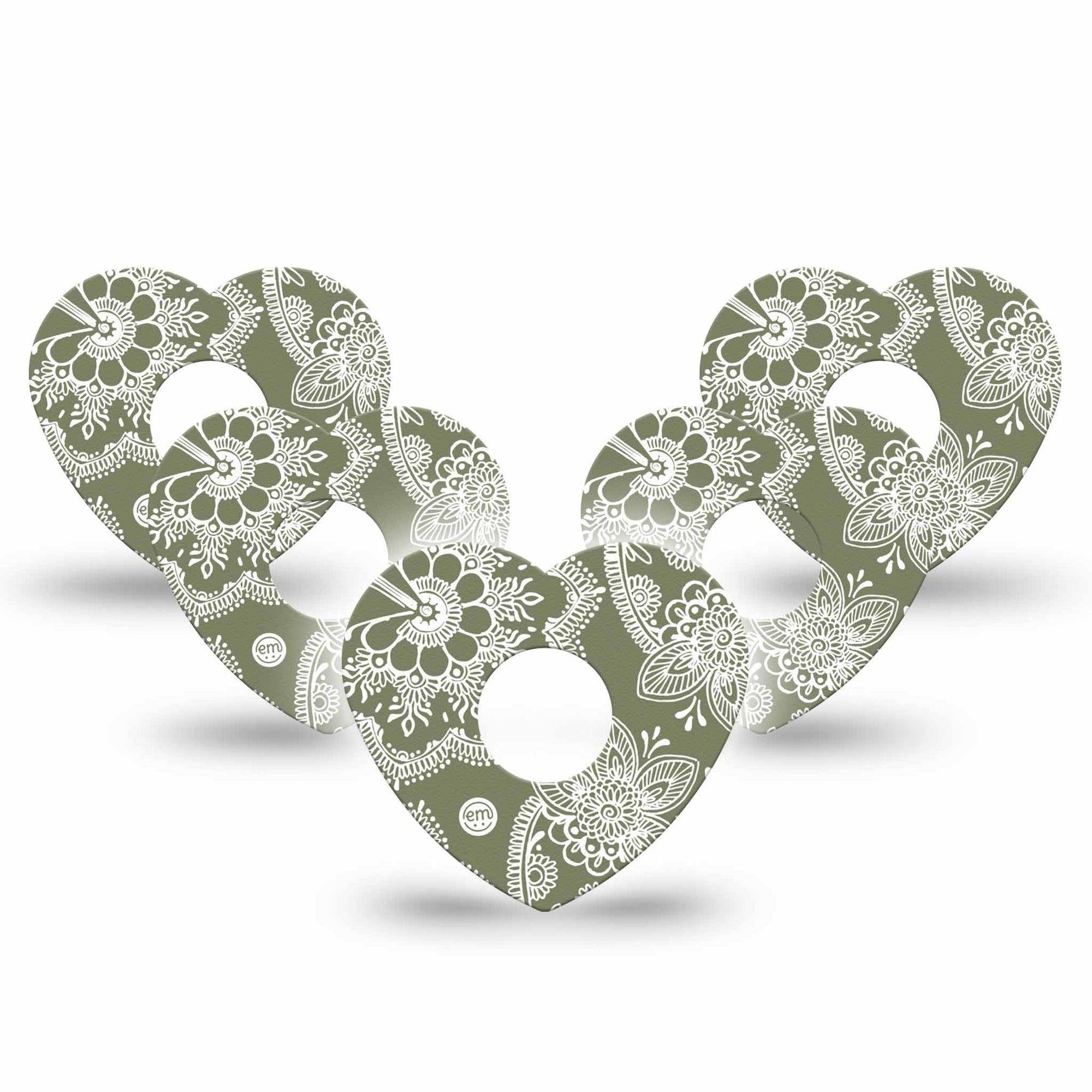 ExpressionMed Olive Henna Freestyle Libre 3 and Libre 3 Plus Heart Shape Tape 5-Pack Tape Natural Dye, Plaster CGM Design