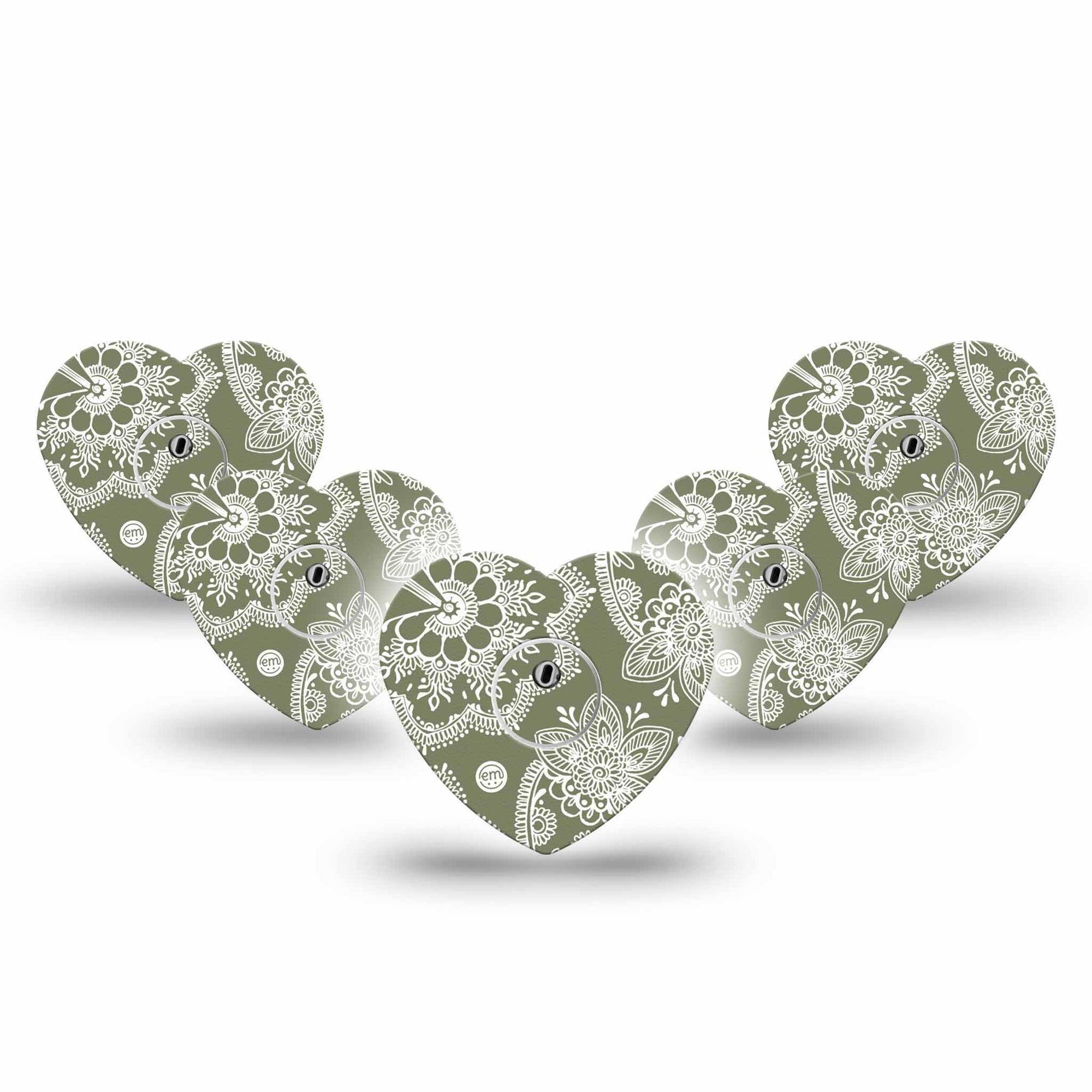 ExpressionMed Olive Henna Freestyle Libre 3 and Libre 3 Plus Heart Shape Tape 5-Pack Tape and 5-Pack Sticker Herbal Tint, Plaster CGM Design