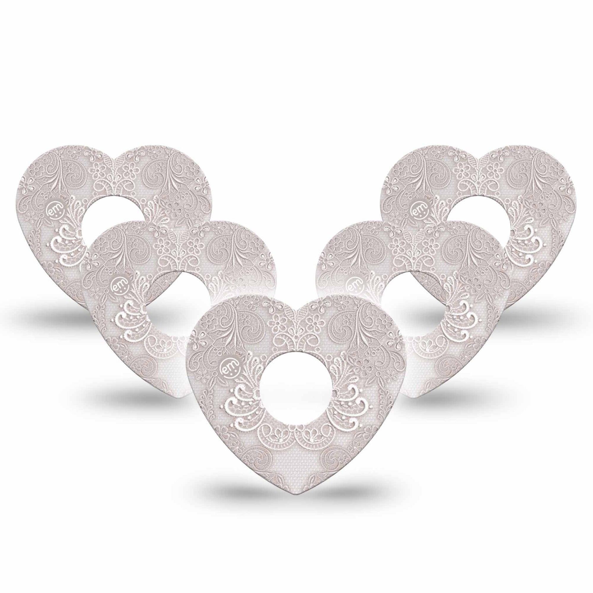 ExpressionMed Vintage Lace Freestyle Libre 3 and Libre 3 Plus Heart Shape Tape 5-Pack Tape Timeless Fabric, Patch CGM Design
