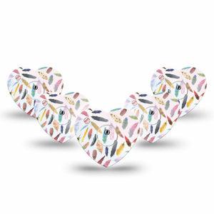 ExpressionMed Feathers Freestyle Libre 3 and Libre 3 Plus Heart Shape Tape 5-Pack Tape and 5-Pack Sticker Soft Plumes, Patch CGM Design