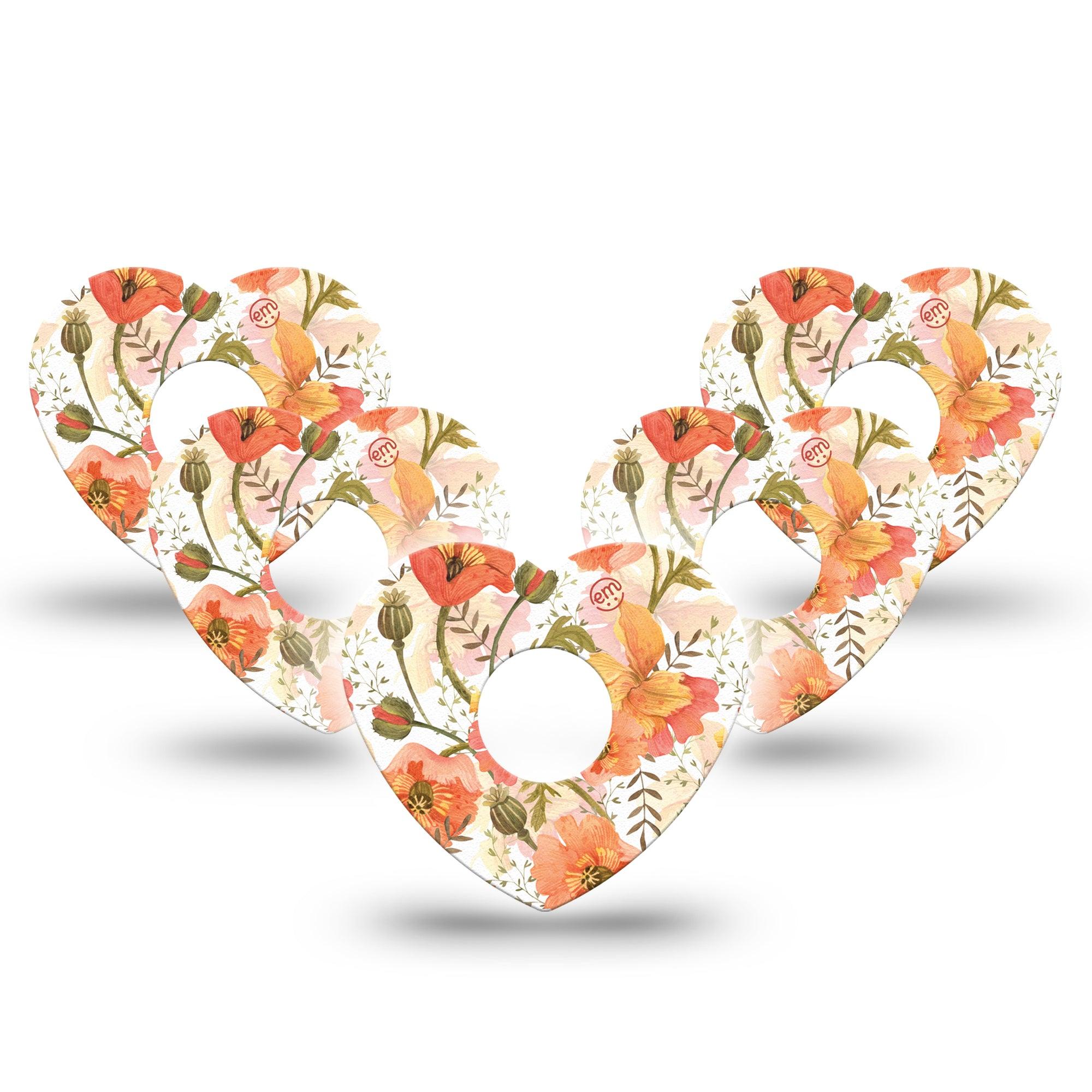 ExpressionMed Peachy Blooms Heart Libre 3 Tape, 5-Pack, Orange Florals Themed, CGM Adhesive Patch Design
