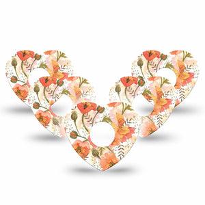 ExpressionMed Peachy Blooms Heart Libre 3 Tape, 5-Pack, Orange Florals Themed, CGM Adhesive Patch Design