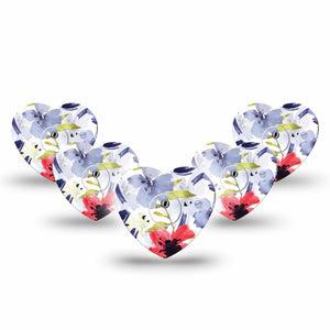 ExpressionMed Red White & Blue Flowers Freestyle Libre 3 Heart Shape Tape 5-Pack Frozen Delights Patch CGM Design with center stickers