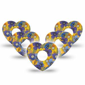 Charming Blooms Heart Libre 3 Tape, 5-Pack, Warm Blue and Orange Flowers Inspired, CGM Adhesive Patch Design
