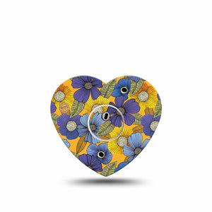 Charming Blooms Heart Libre 3 Tape, Single, Warm Blue and Orange Flowers Inspired, CGM Adhesive Patch Design with center sticker