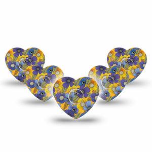 Charming Blooms Heart Libre 3 Tape, 5-Pack, Warm Blue and Orange Flowers Inspired, CGM Adhesive Patch Design with center stickers