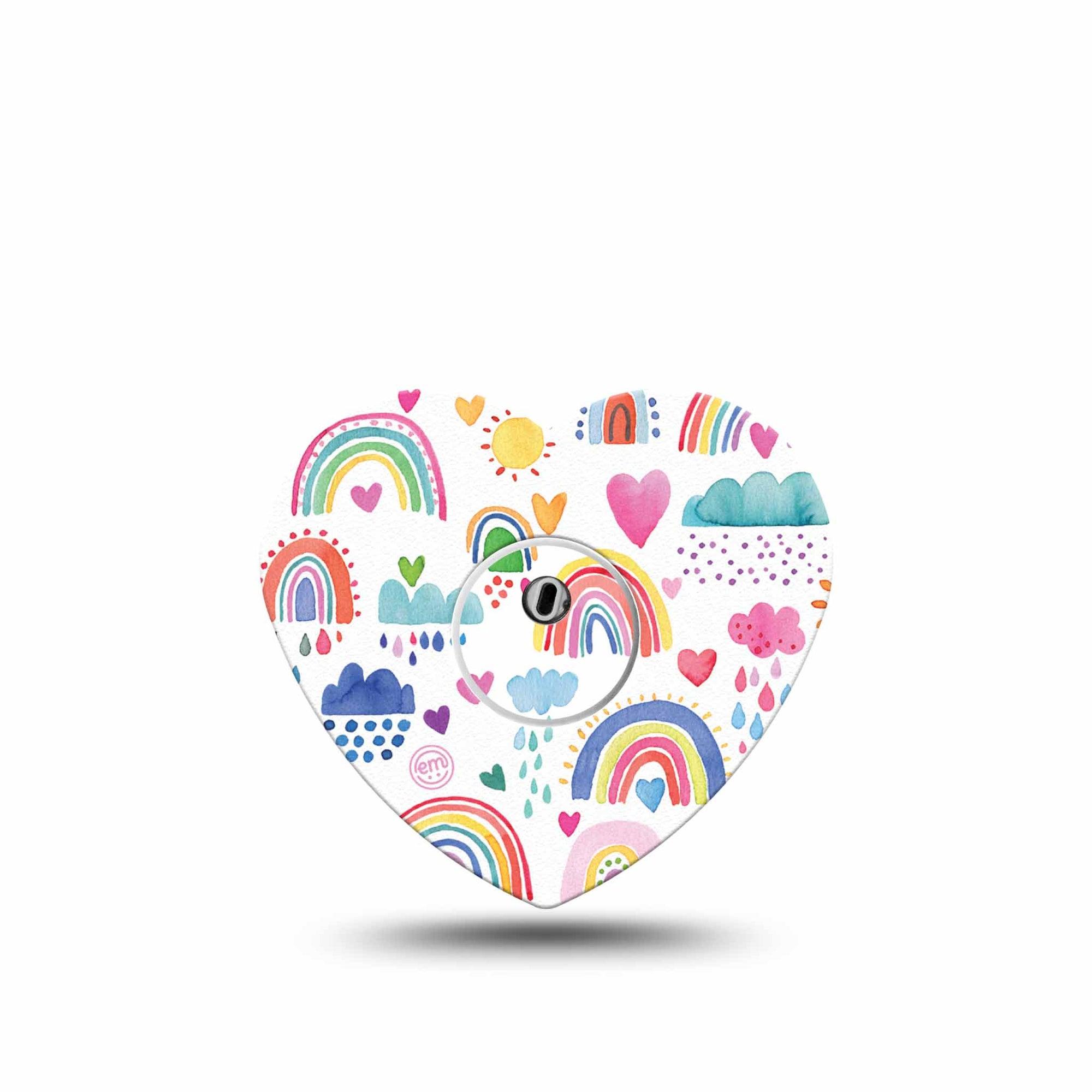 ExpressionMed Rainbows Of Hope Heart Libre 3 Tape, Single, Colorful Rainy Day Clouds and Rainbows Inspired, CGM Fixing Ring Design with center sticker