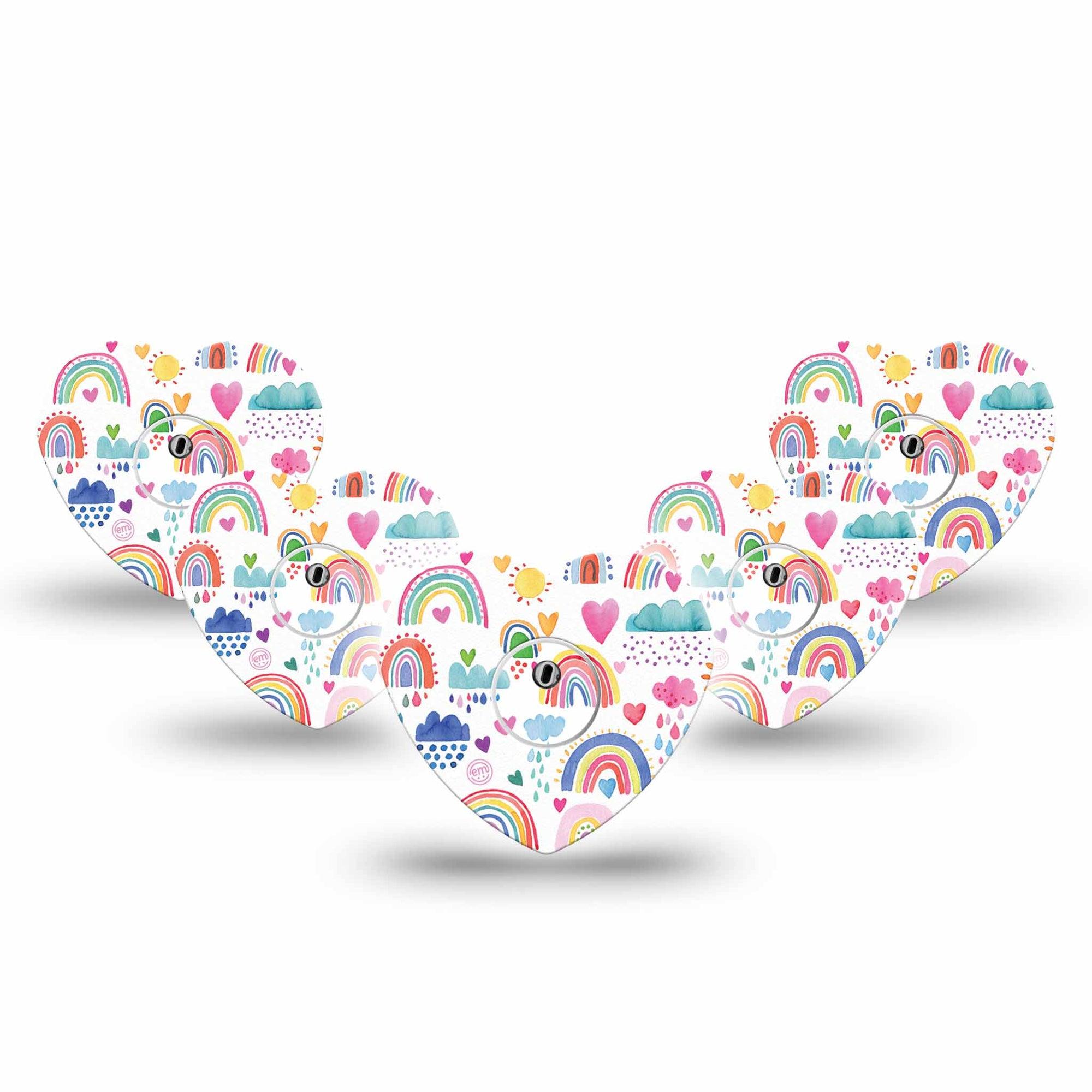 ExpressionMed Rainbows Of Hope Heart Libre 3 Tape, 5-Pack, Watercolor Clouds and Rainbows Inspired, CGM Fixing Ring Design with center stickers