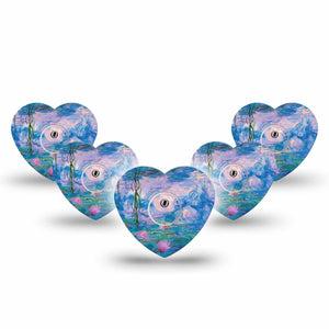 ExpressionMed Monet Water Lilies Freestyle Libre 3 and Libre 3 Plus Heart Shape Tape 5-Pack Tape and 5-Pack Sticker Monet Garden, Plaster CGM Design