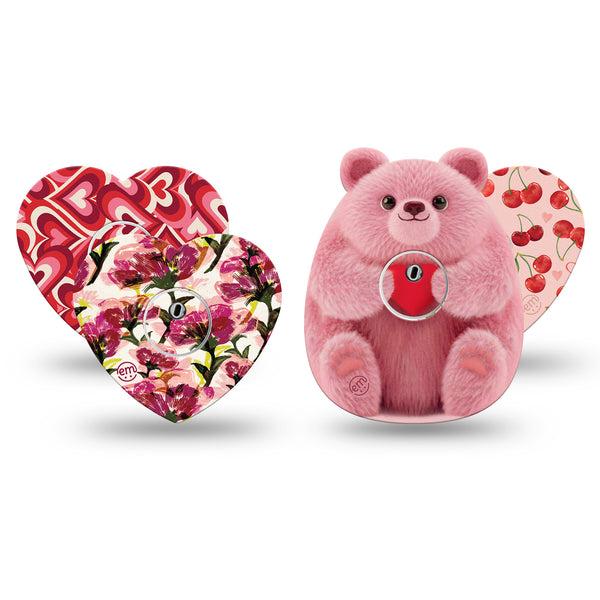 ExpressionMed Bear Hugs Freestyle Libre 3 and Libre 3 Plus Heart, 4-Pack Tape and 4-Pack Sticker, Pinks and reds Patch for CGM