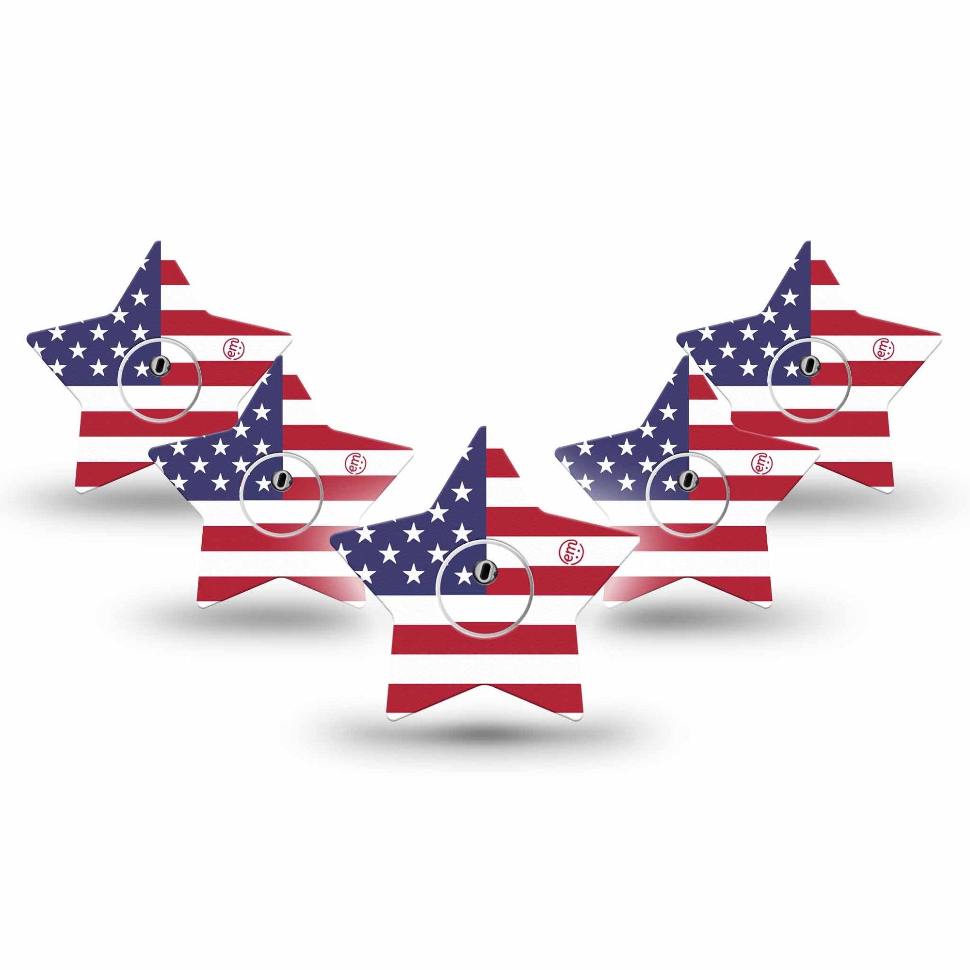 ExpressionMed U.S. Flag Freestyle Libre 3 and Libre 3 Plus Star Shape Tape 5-Pack Tape and  5-Pack Sticker Flag Fabric, Patch CGM Design