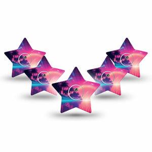 ExpressionMed Neon Synthwave Freestyle Libre 3 and Libre 3 Plus Star Shape Tape 5-Pack Tape and 5-Pack Sticker Neon Horizon, Patch CGM Design