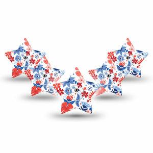 ExpressionMed July Flowers Freestyle Libre 3 Star Shape Tape 5-Pack Tape and 5-Pack Sticker USA Holiday Garden Patch CGM Design
