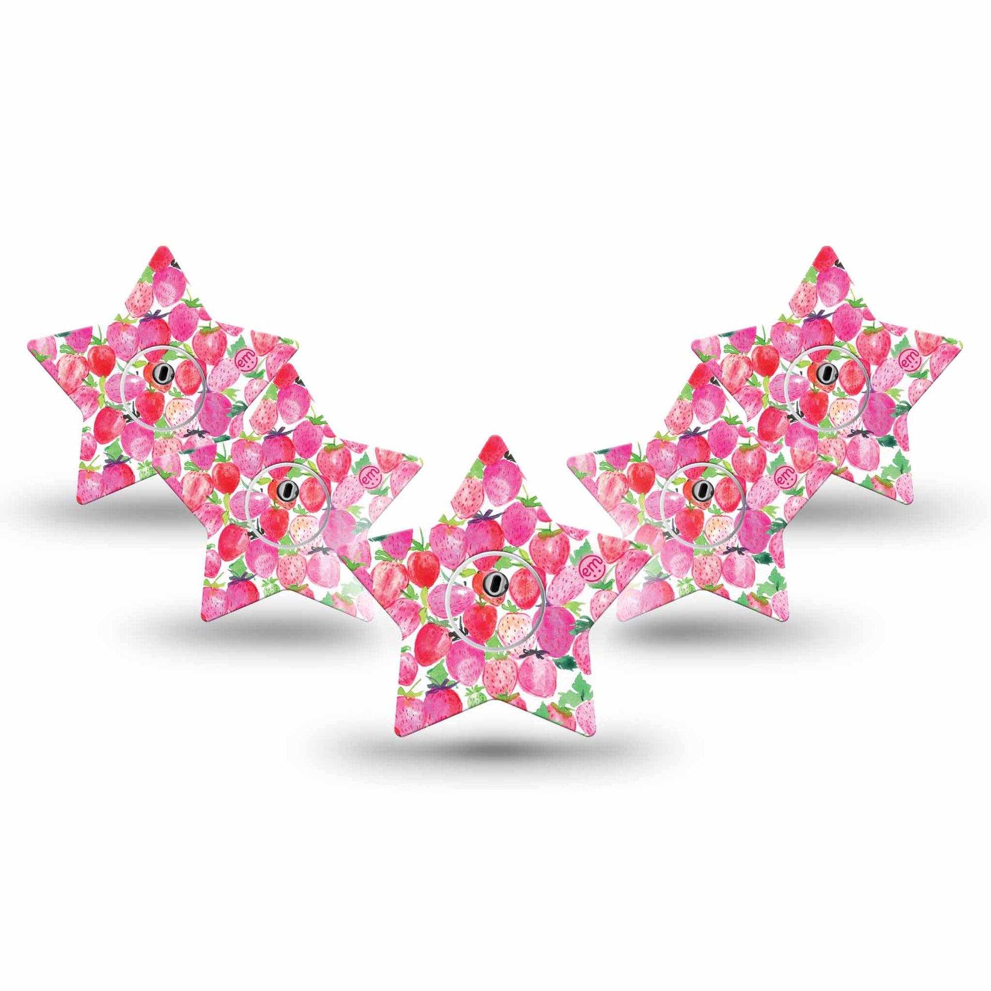 ExpressionMed Strawberry Crush Freestyle Libre 3 Star Shape Tape 5-Pack Tape and 5-Pack Sticker Watercolor Strawberry Patch CGM Design