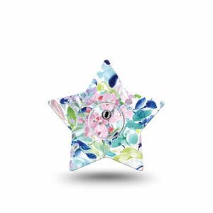 ExpressionMed Subdued Tropics Freestyle Libre 3 Star Shape Tape Single Tape and Single Sticker Watercolor Painted Blue Florals Patch CGM Design