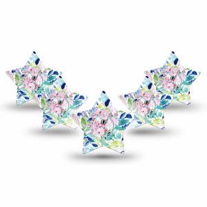 ExpressionMed Subdued Tropics Freestyle Libre 3 Star Shape Tape 5-Pack Tape and 5-Pack Sticker Soft Blue Pink Hues Floral Patch CGM Design