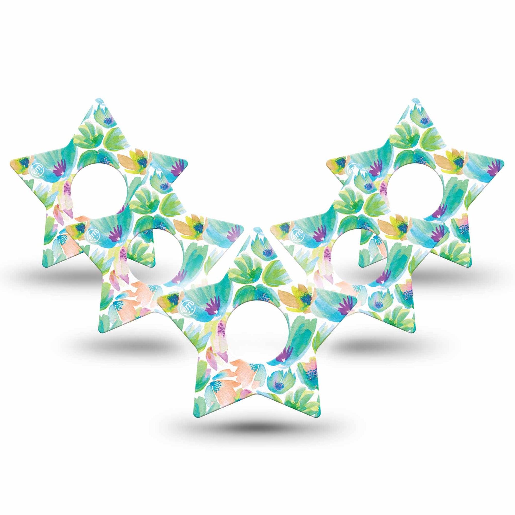 ExpressionMed Happy Go Lucky Flowers Freestyle Libre 3 Star Shape Tape 5-Pack Bright Green Watercolor Painted Inspired Shrubs Patch CGM Design