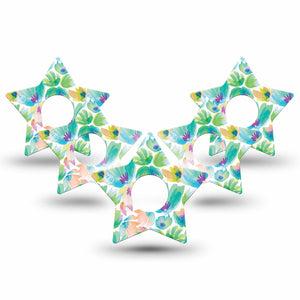 ExpressionMed Happy Go Lucky Flowers Freestyle Libre 3 Star Shape Tape 5-Pack Bright Green Watercolor Painted Inspired Shrubs Patch CGM Design