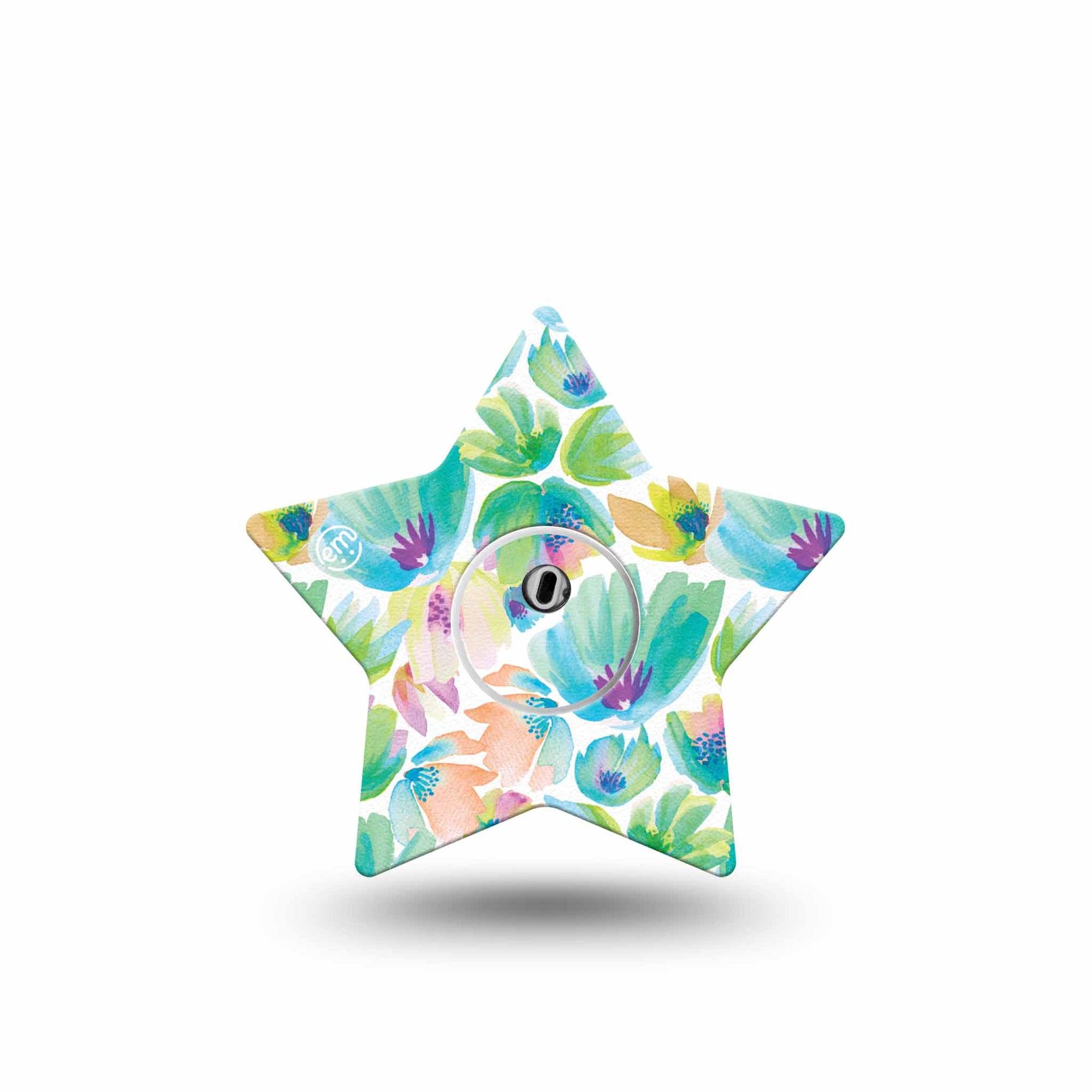 ExpressionMed Happy Go Lucky Flowers Freestyle Libre 3 Star Shape Tape Single Tape and Single Sticker Vibrant Green And Peach Florals Patch CGM Design