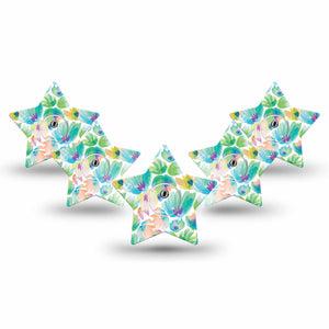 ExpressionMed Happy Go Lucky Flowers Freestyle Libre 3 Star Shape Tape 5-Pack Tape and 5-Pack Sticker Green Petal Painting Inspired Patch CGM Design
