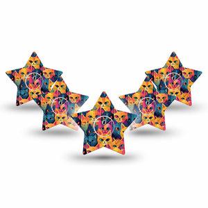 ExpressionMed Catorama Freestyle Libre 3 Star Shape Tape 5-Pack Tape and 5-Pack Sticker Unique Cat Pattern Illustration Patch CGM Design