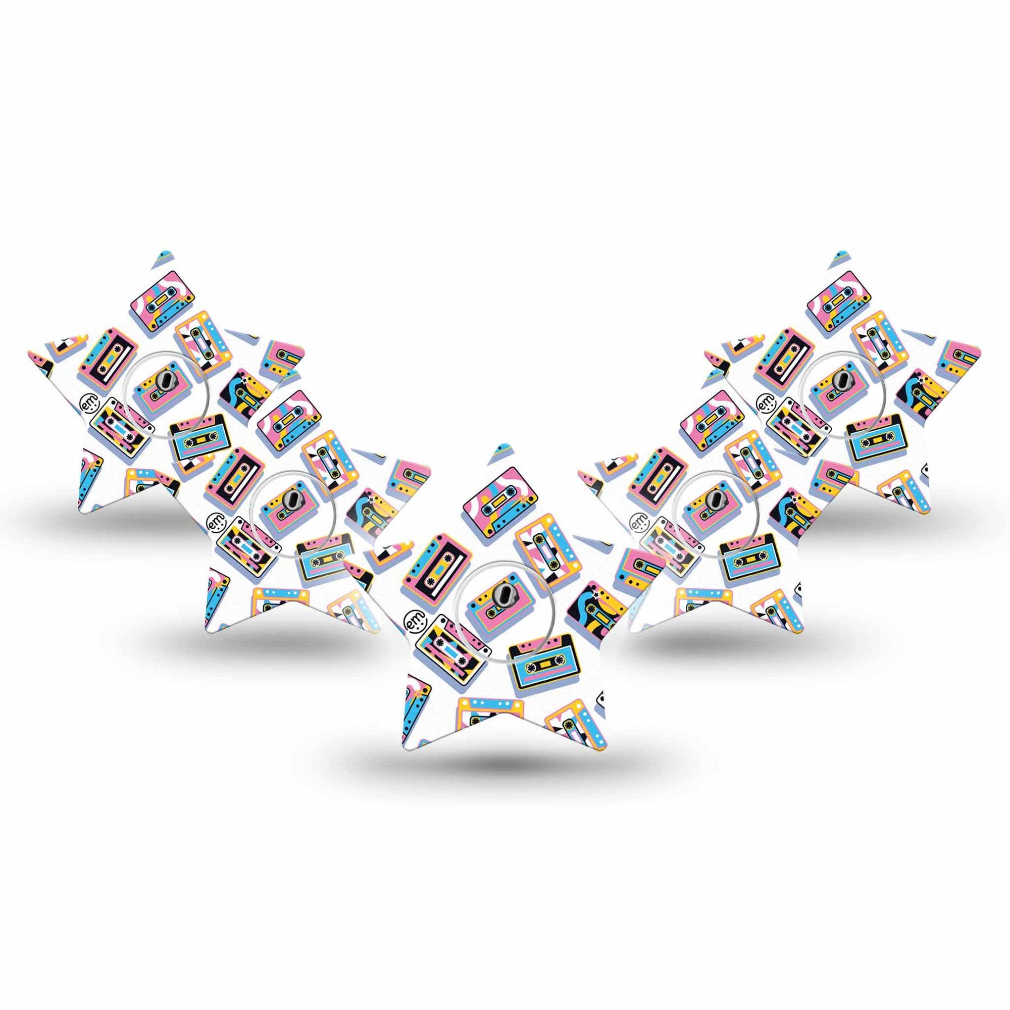 ExpressionMed Vintage Music Tapes Freestyle Libre 3 and Libre 3 Plus Star Shape Tape 5-Pack Tape and 5-Pack Sticker Funky Bright Music Tapes, Patch CGM Design