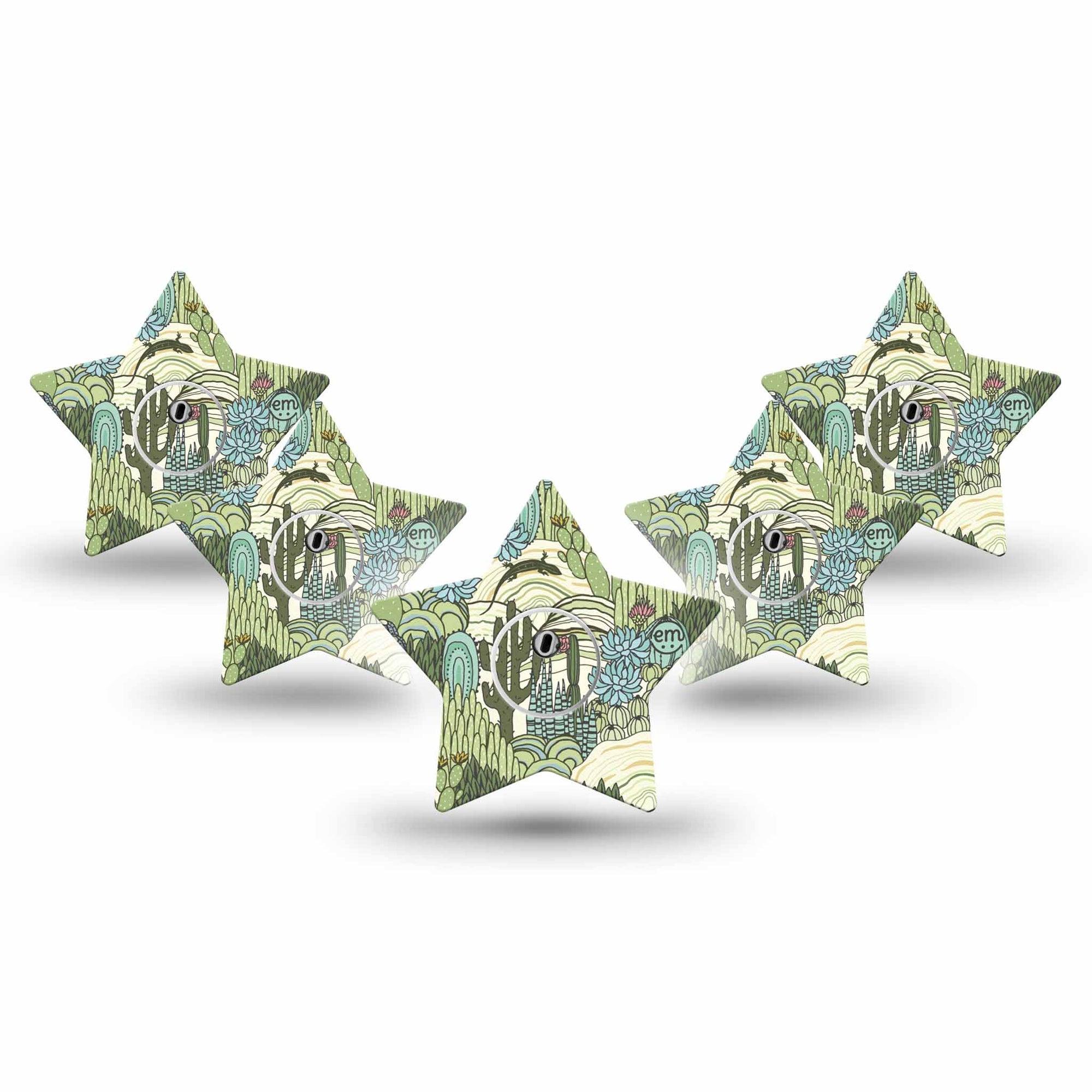 ExpressionMed Cactus Freestyle Libre 3 and Libre 3 Plus Star Shape Tape 5-Pack Tape and 5-Pack Sticker Green Cactus And Iguana Landscape, Patch CGM Design