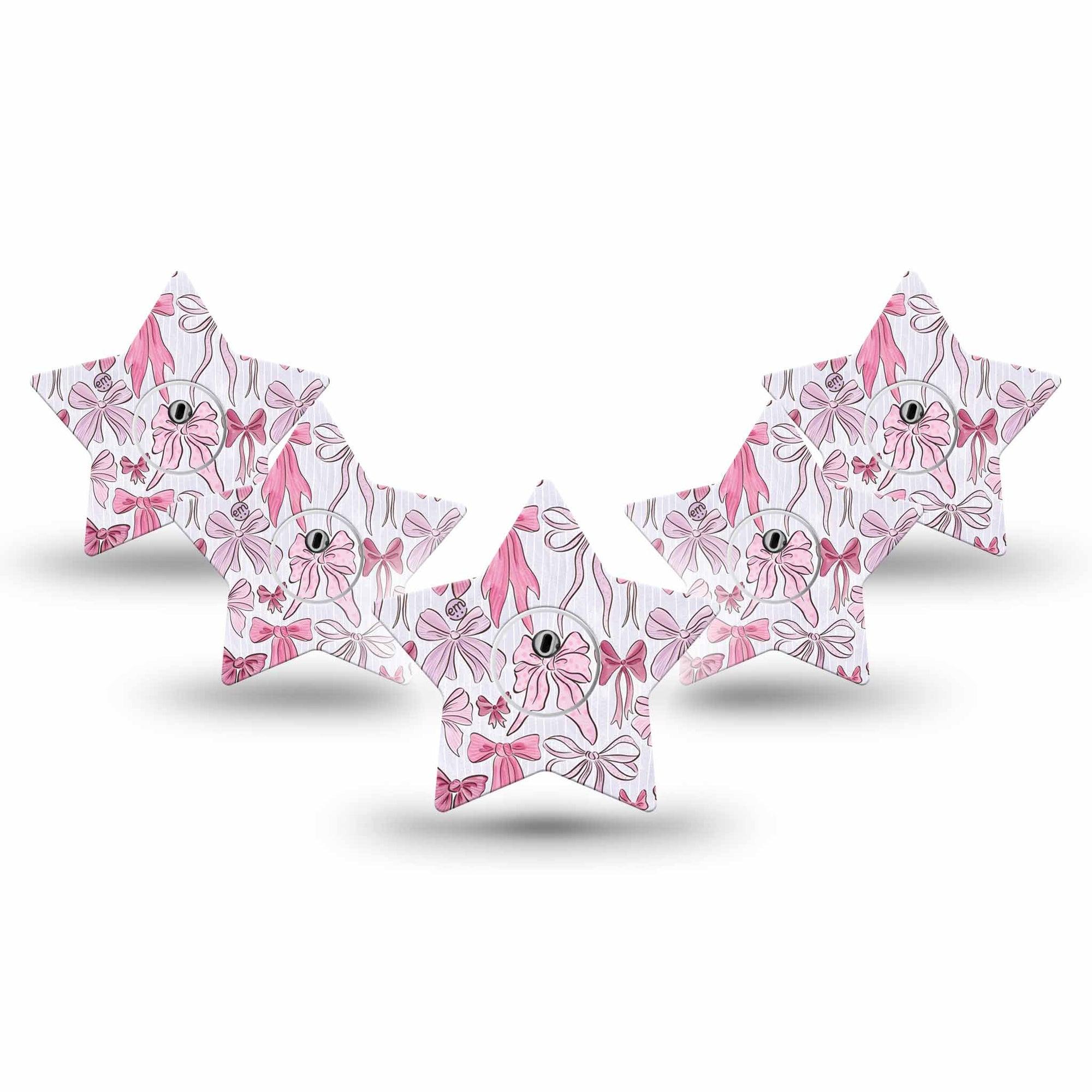 ExpressionMed Bows and Ribbons Freestyle Libre 3 and Libre 3 Plus Star Shape Tape 5-Pack Tape and 5-Pack Sticker Dainty Pink Stripes And Hair Bow Pattern, Patch CGM Design