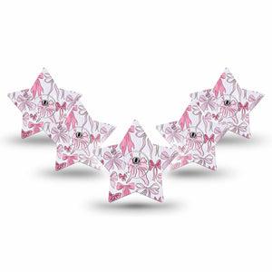 ExpressionMed Bows and Ribbons Freestyle Libre 3 and Libre 3 Plus Star Shape Tape 5-Pack Tape and 5-Pack Sticker Dainty Pink Stripes And Hair Bow Pattern, Patch CGM Design