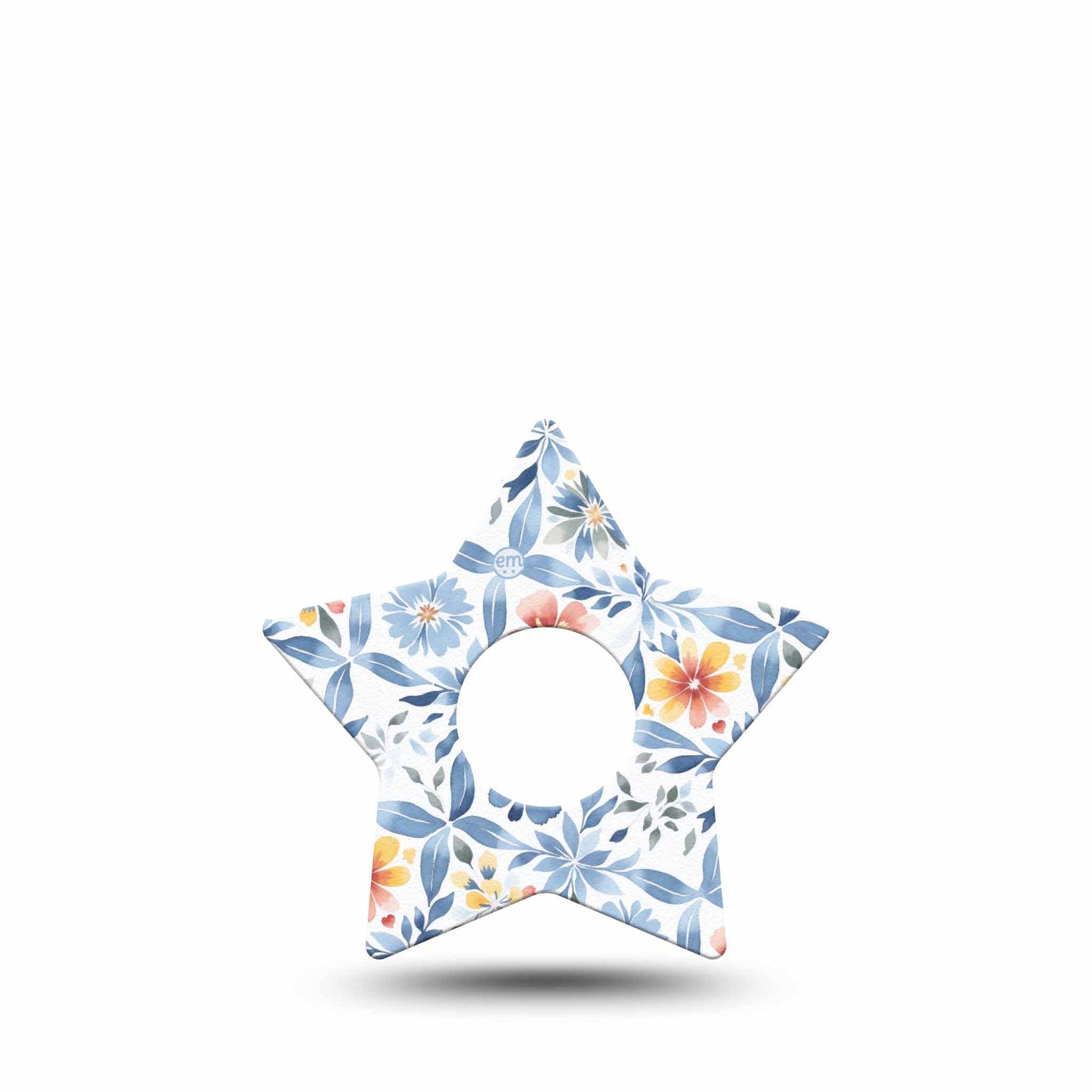 ExpressionMed Blue and Yellow Tile Freestyle Libre 3 and Libre 3 Plus Star Shape Tape Single Tape Soft Blue Tile Orange Florals, Plaster CGM Design