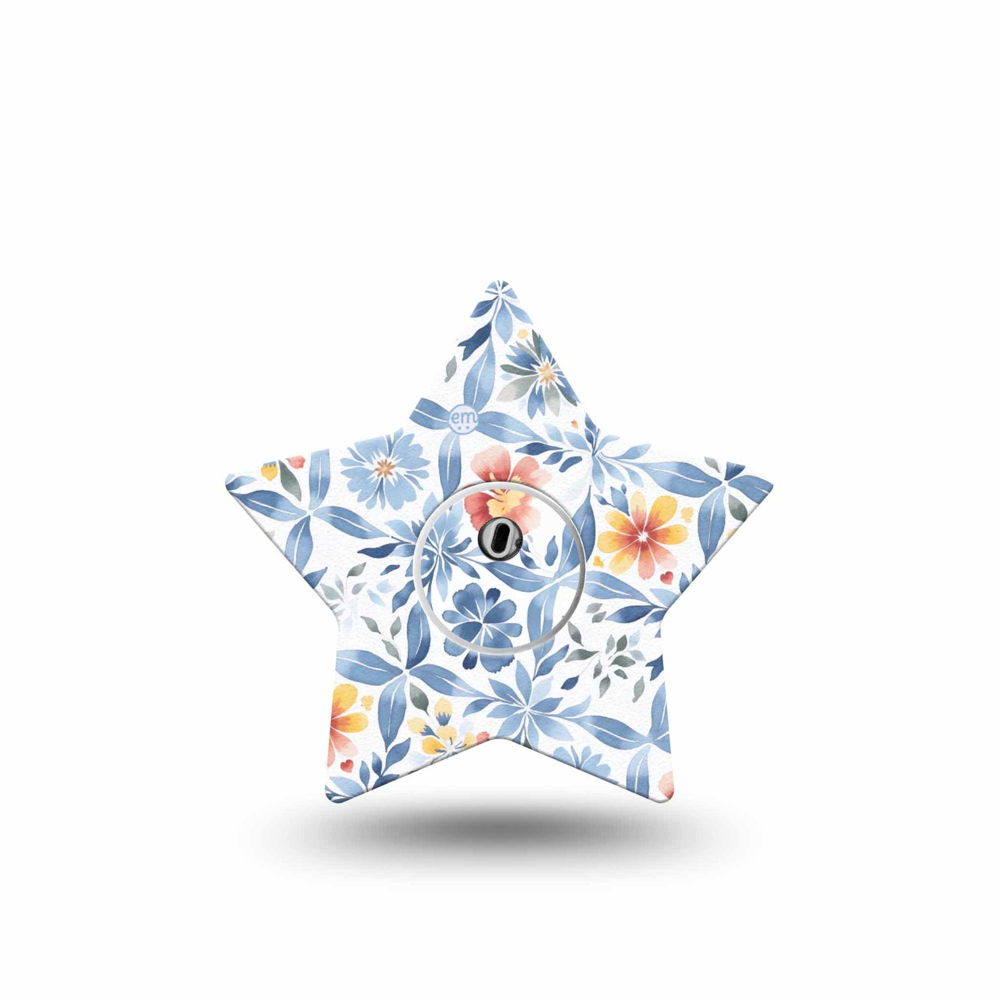 ExpressionMed Blue and Yellow Tile Freestyle Libre 3 and Libre 3 Plus Star Shape Tape Single Tape and Single Sticker Soft Blue Tile Orange Florals, Plaster CGM Design