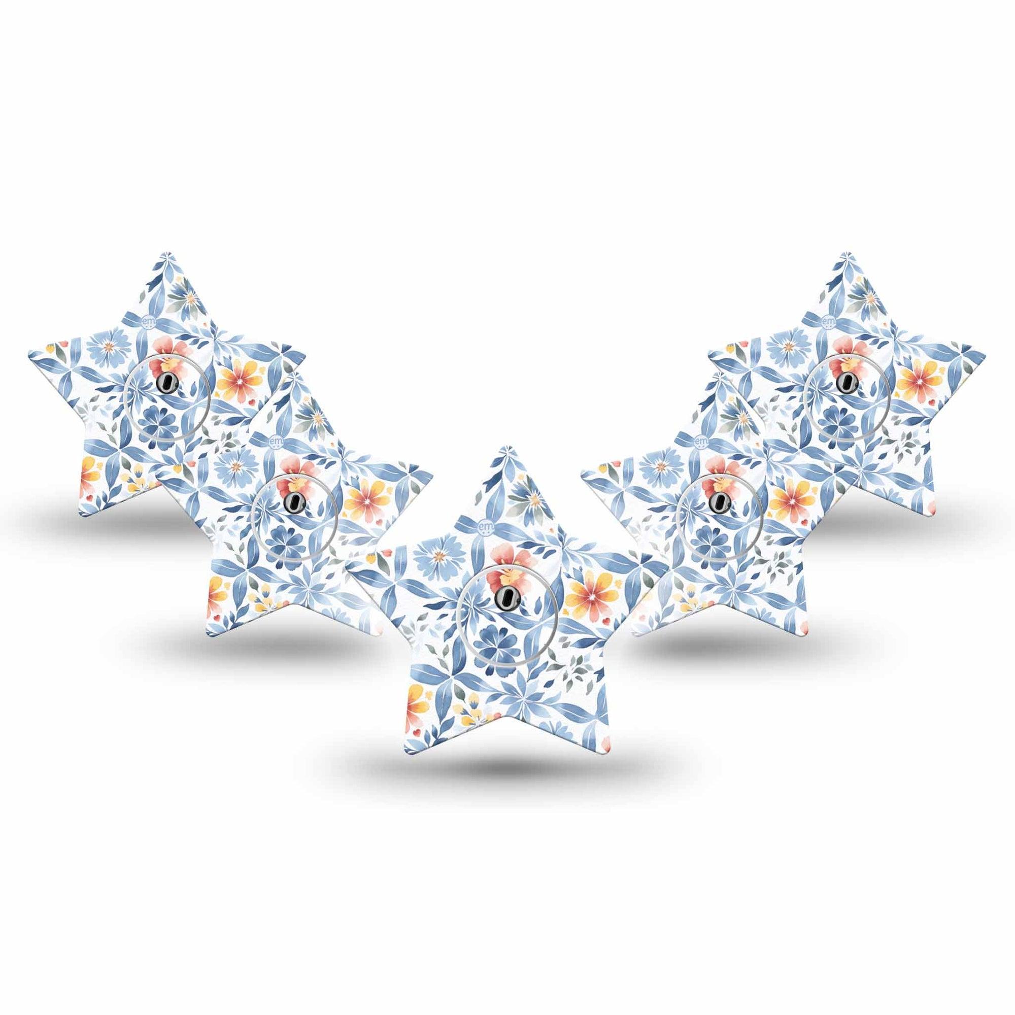 ExpressionMed Blue and Yellow Tile Freestyle Libre 3 and Libre 3 Plus Star Shape Tape 5-Pack Tape and 5-Pack Sticker Lightly Painted Tile Pottery Inspired, Plaster CGM Design