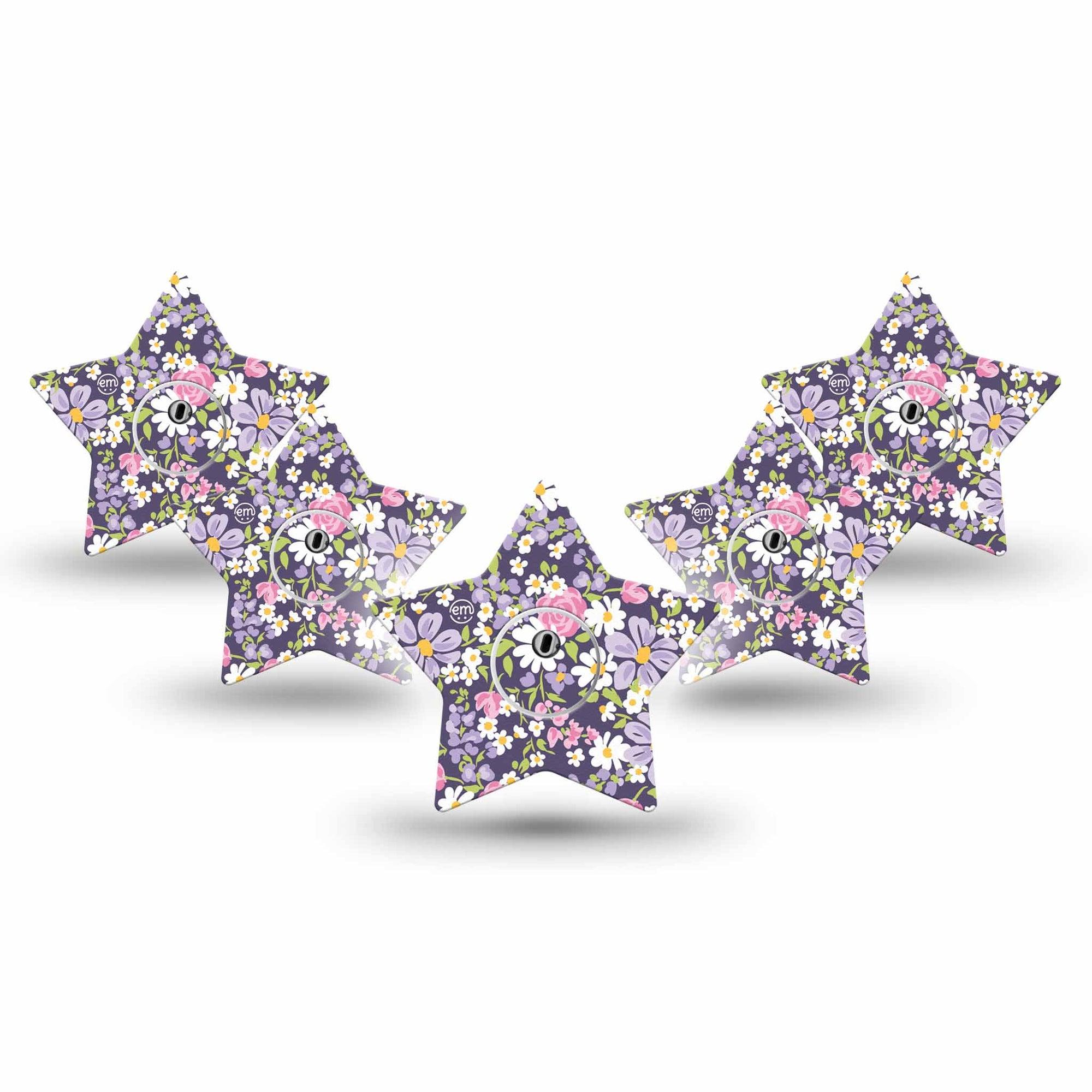 ExpressionMed Purple and Pink Flowers Freestyle Libre 3 and Libre 3 Plus Star Shape Tape 5-Pack Tape and 5-Pack Sticker Daisy Rose Garden, Patch CGM Design