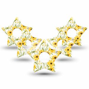 ExpressionMed Yellow Mosaic Floral Freestyle Libre 3 and Libre 3 Plus Star Shape Tape 5-Pack Tape Sunflower Field, Patch CGM Design