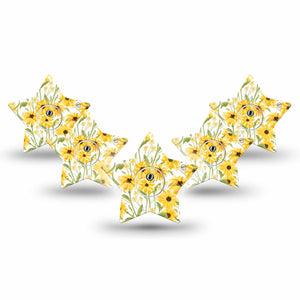 ExpressionMed Yellow Mosaic Floral Freestyle Libre 3 and Libre 3 Plus Star Shape Tape 5-Pack Tape and 5-Pack Sticker Happy Sunflowers, Patch CGM Design