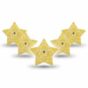 ExpressionMed Yellow Sundress Freestyle Libre 3 and Libre 3 Plus Star Shape Tape, 5-Pack Tape and 5-Pack Sticker Golden Sunbursts Pattern, Patch CGM Design