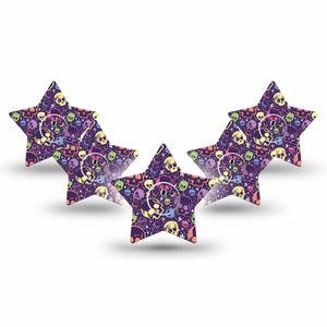 ExpressionMed Neon Skulls Freestyle Libre 3 and Libre 3 Plus Star Shape Tape 5-Pack Tape and 5-Pack Sticker Glowing Neon Skulls Inspired, Patch CGM Design