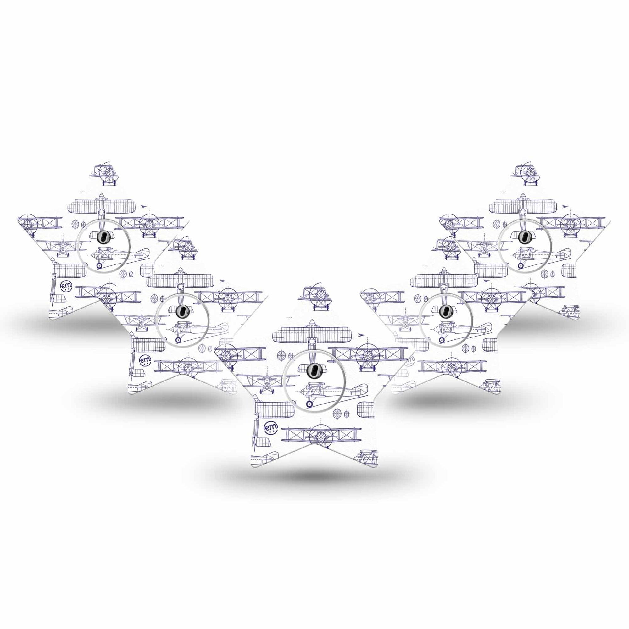 ExpressionMed Airplane Freestyle Libre 3 and Libre 3 Plus Star Shape Tape 5-Pack Tape and 5-Pack Sticker Aircraft Drawings, Patch CGM Design