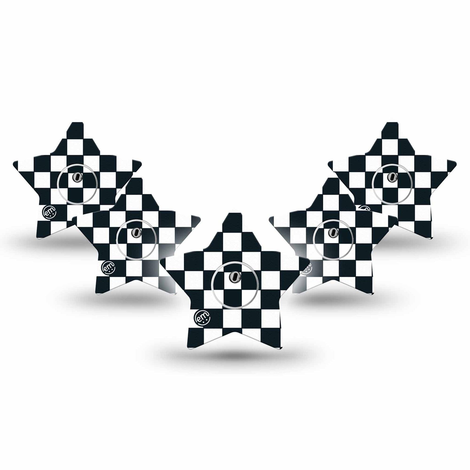 ExpressionMed Checkered Freestyle Libre 3 and Libre 3 Plus Star Shape Tape 5-Pack Tape and 5-Pack Sticker White Checkered, Patch CGM Design