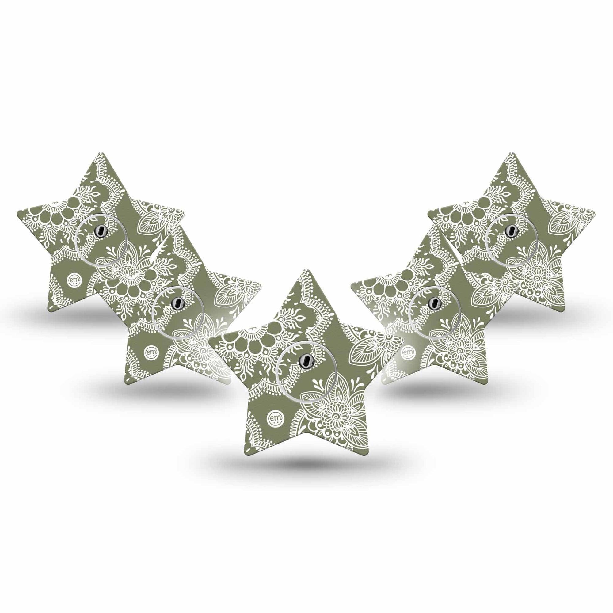 ExpressionMed Olive Henna Freestyle Libre 3 and Libre 3 Plus Star Shape Tape 5-Pack Tape and 5-Pack Sticker Herbal Tint, Plaster CGM Design