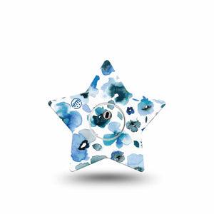 ExpressionMed Sapphire Petals Freestyle Libre 3 Star Shape Tape Single Tape and Single Sticker Blue Watercolored Florals Themed Patch CGM Design