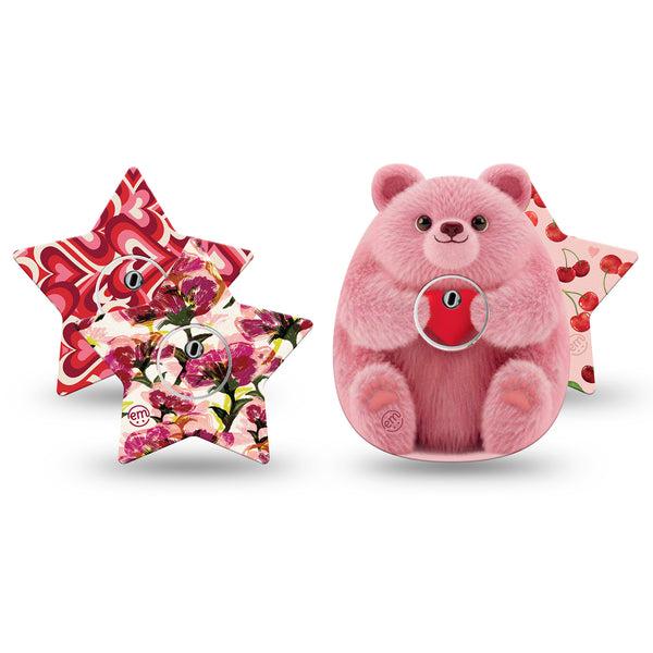 ExpressionMed Bear Hugs Freestyle Libre 3 and Libre 3 Plus Star, 4-Pack Tape and 4-Pack Sticker, Berry tone Valentines Overlay Tape for CGM