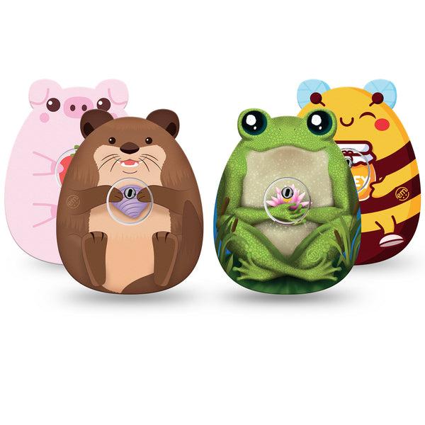 ExpressionMed Buzz, Boink and Splash Variety Pack Freestyle Libre 3 and Libre 3 Plus Gumdrop Shape Tape, 4-Pack Tape and 4-Pack Sticker Variety Cute Animal Friends, Overlay Patch CGM Design