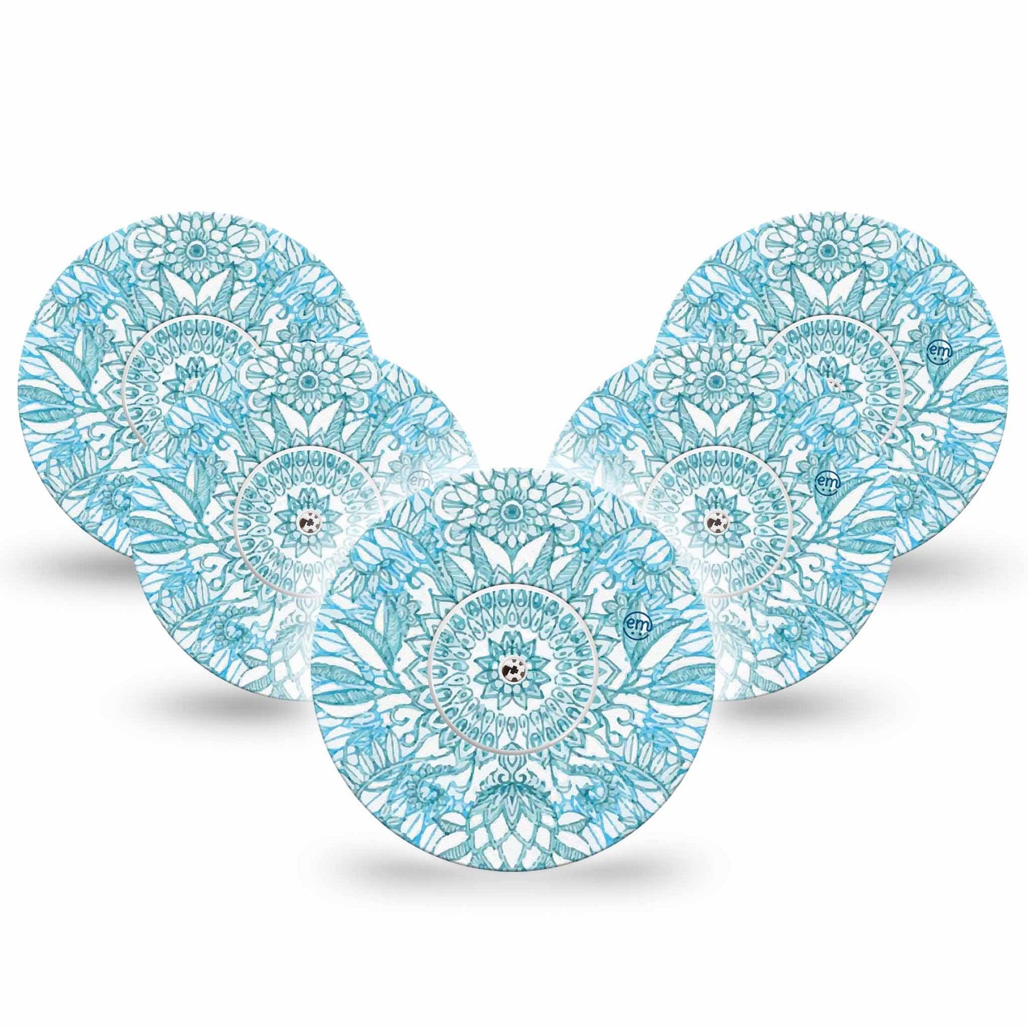 ExpressionMed Aqua Floral Freestyle Libre 2 and Libre 2 Plus Tape, Abbott Lingo, 5-Pack Tape and 5-Pack Sticker Azure Flowers Adhesive Patch CGM Design