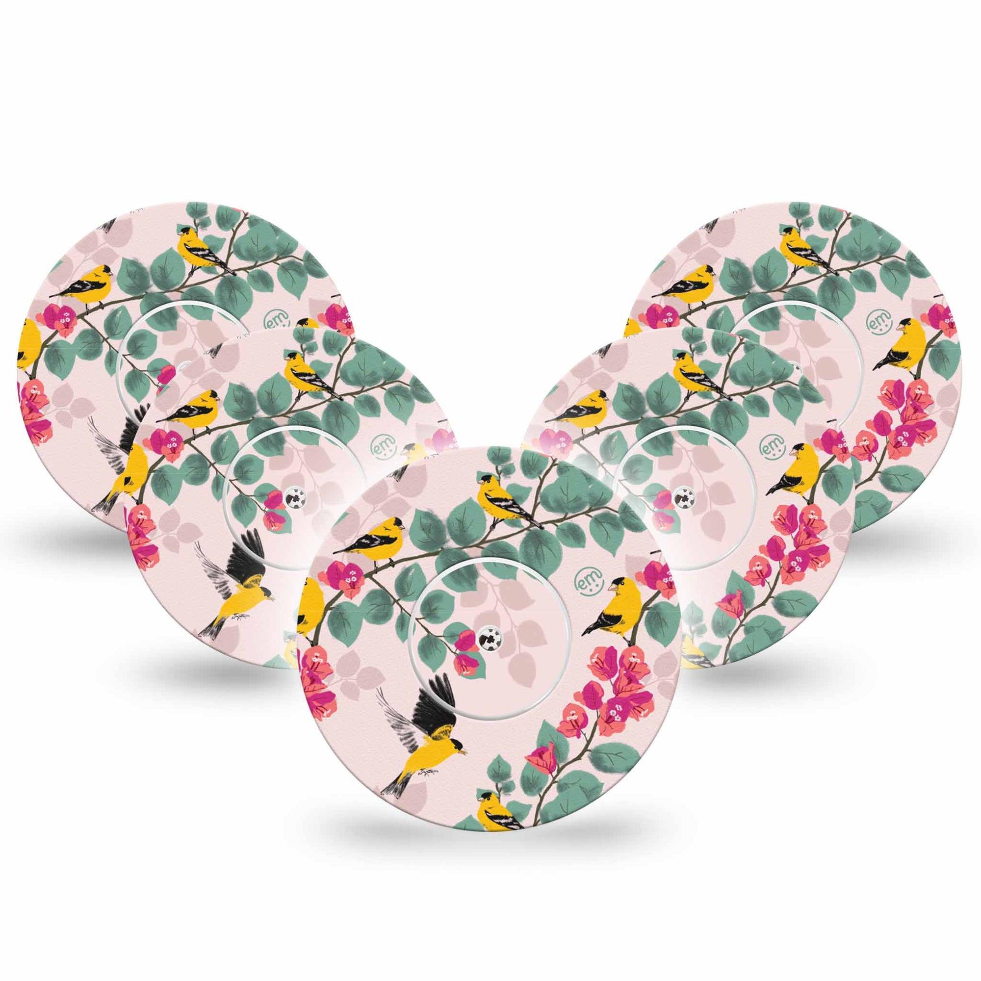 ExpressionMed Yellow Finch Freestyle Libre and Libre 2 Plus Tape, Abbott Lingo, 5-Pack Tape + 5-Pack Sticker Golden Plumage, Fixing Ring Tape Continuous Glucose Monitor Design