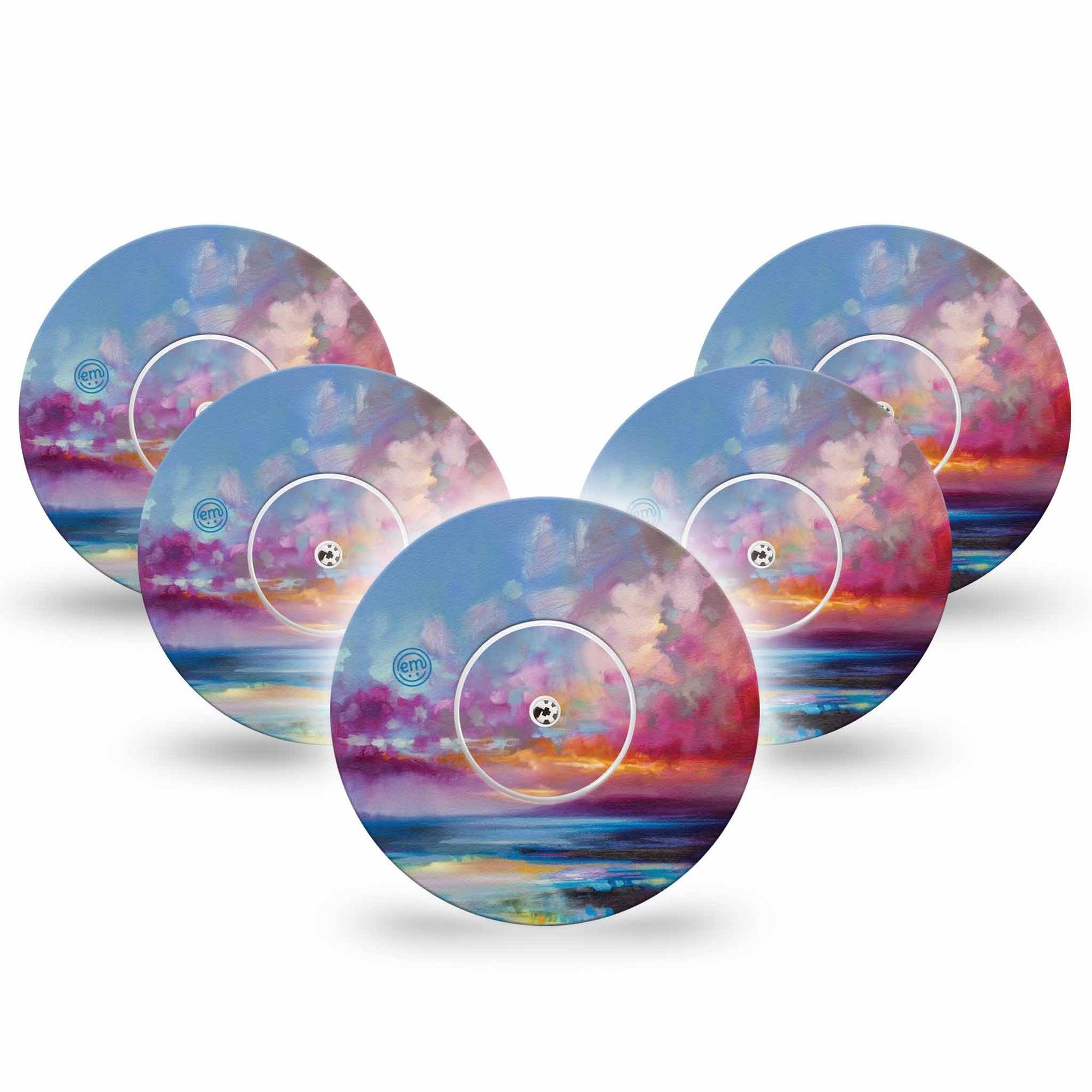 ExpressionMed Painted Skies  Freestyle Libre and Libre 2 Plus Tape, Abbott Lingo, 5-Pack Tape + 5-Pack Sticker Golden Twilight, Fixing Ring Tape Continuous Glucose Monitor Design