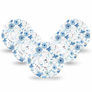 5-Pack Cute Blue Flowers Libre Freestyle CGM Patches, Abbott Lingo with center stickers